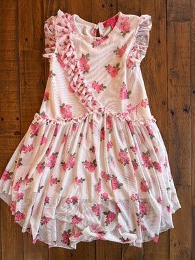 Betsey Johnson Girls Floral Tulle Dress Size 6 Pink Roses Ruffle Party Easter Dr